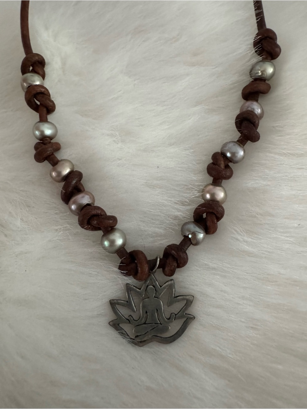 Lotus Pendant Brown Leather Necklace with Pearl Accents